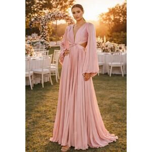 New with tags Mac Duggal Pink Pleated Cutout Gown Long Sleeve Maxi Dress 2 26737
